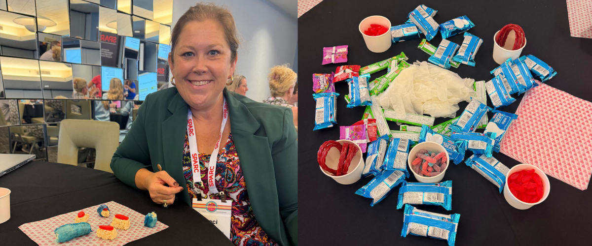 Staci displays her candy sushi creations alongside a spread of candy and supplies at the Pinecrest Pop-Ups workshop.