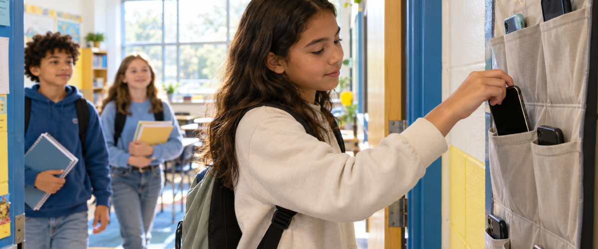Student placing her smartphone in a classroom phone organizer as classmates arrive with notebooks.
