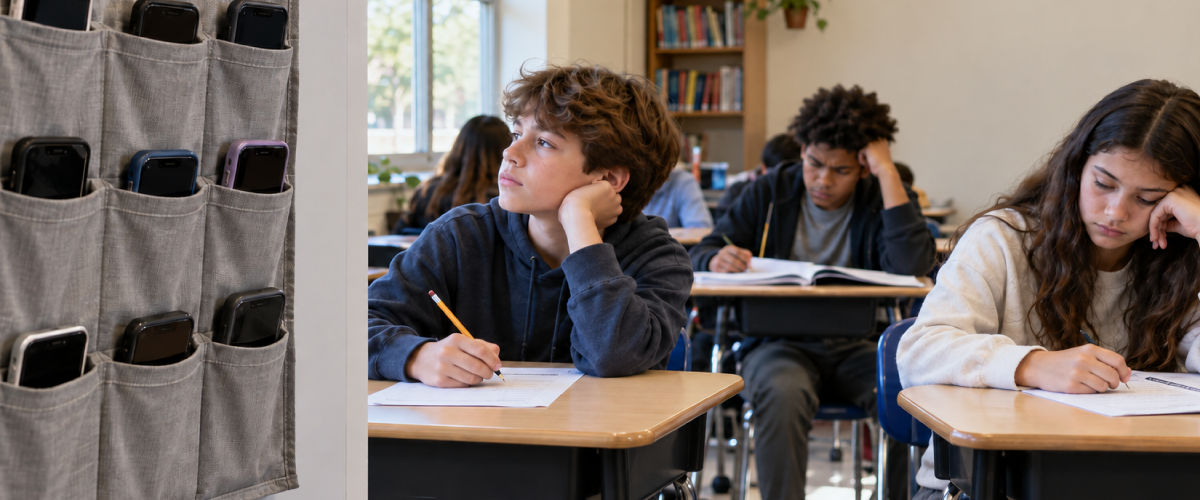 Students sitting at desks with worksheets, one gazing away, while phones remain stored in a classroom organizer.