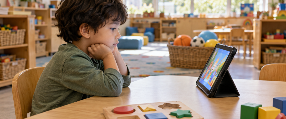 Young child watching a cartoon on a tablet while a wooden puzzle and building blocks sit unused nearby.