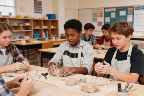 Students learning pottery